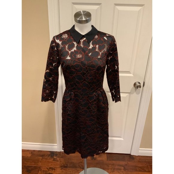 Trina Turk Black & Maroon Floral Lace Dress w/ Peter Pan Collar, Size 2 NWT! - Picture 1 of 8